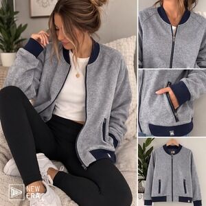 New Era Women's Bomber Jacket Gray Blue Zip Cotton Blend Large Minimalist